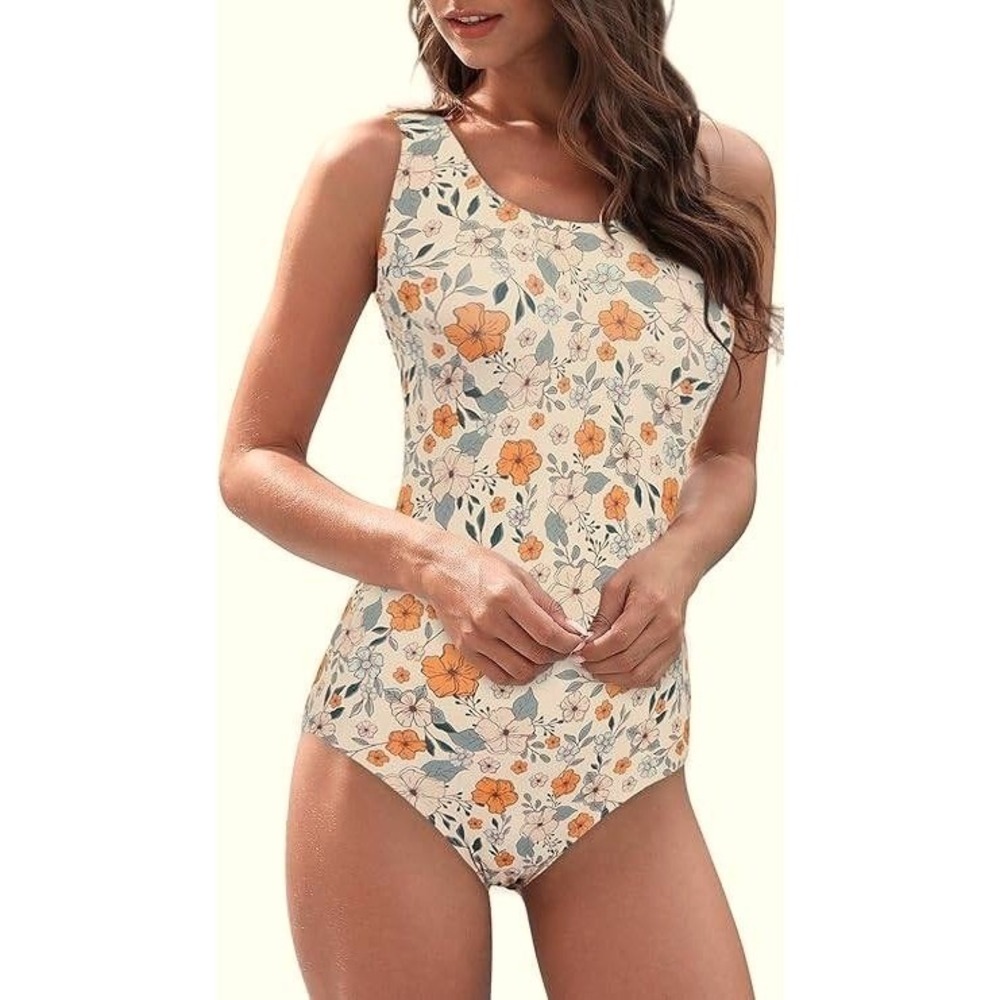 American Trends Floral One-Piece Swimsuit Orange Blue Crisscross Back Women S